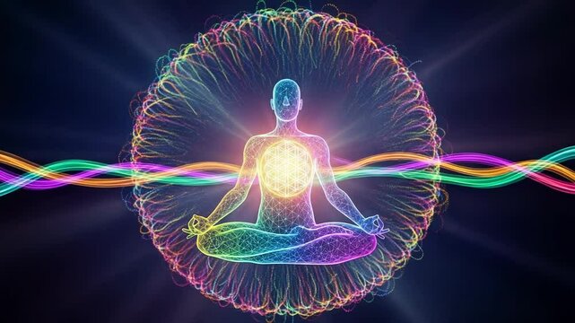 A glowing figure in a lotus position radiates energy, representing meditation and spiritual balance