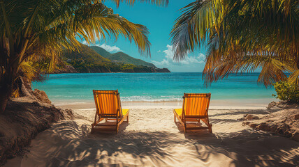 Photography of beach chairs set on the sand at a beautiful beach in a resort area.
