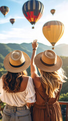 People are watching the beautiful view of balloons in the sky.