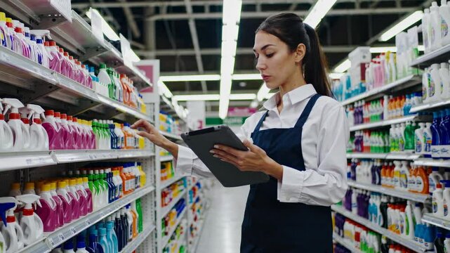 Retail worker using tablet for efficient inventory management in a supermarket aisle