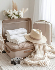 Close up suitcases and travel essentials being packed into bags.