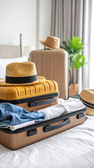 Close up suitcases and travel essentials being packed into bags.
