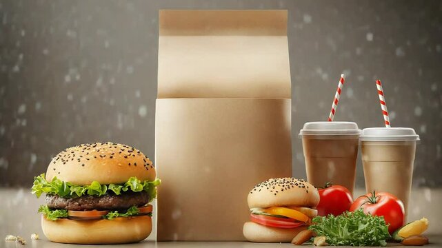 Delicious hamburgers, french fries, tomatoes and drinks with open packaging for delivery