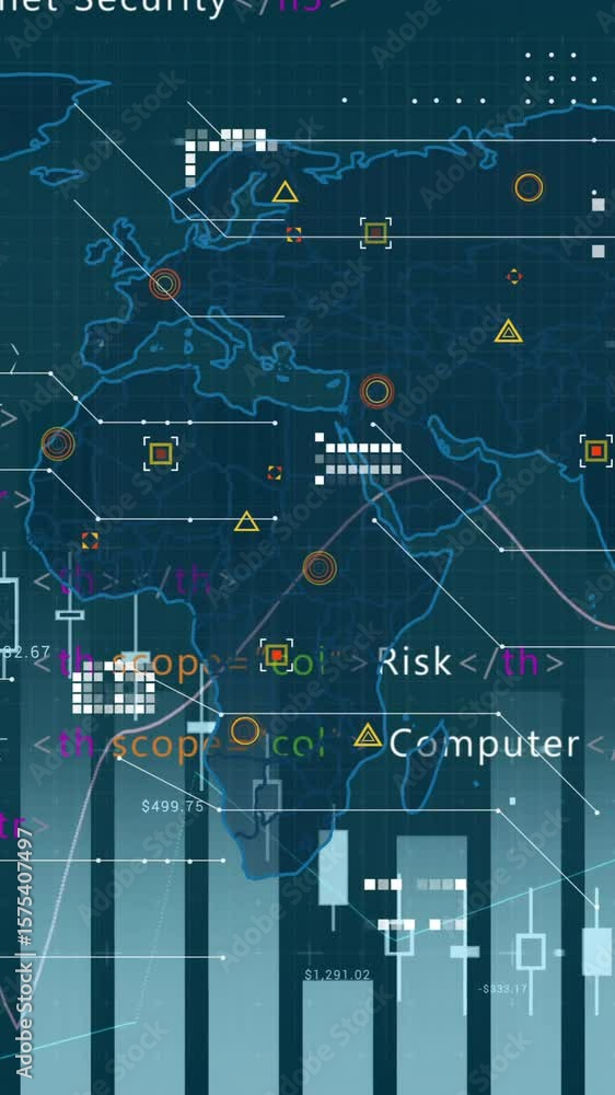 Poster cybersecurity threats and risk analysis animation over world map with data charts