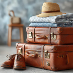Close up suitcases and travel essentials being packed into bags.