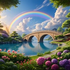 Serene Japanese Garden with Rainbow Arching over Bridge