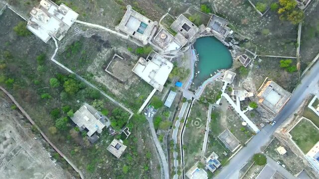 Aerial view of scenic landscape with pond and greenery, Pakistan.