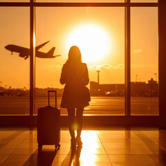 People looking at the view with airplane in the sky at the terminal in the airport.