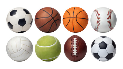 A collection of eight different sports balls arranged in two rows against a black background showcasing variety and diversity in athletic equipment