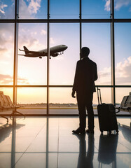 People looking at the view with airplane in the sky at the terminal in the airport.