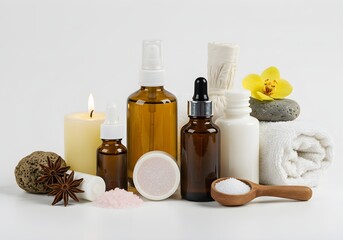 Natural Spa Products Arrangement with Aromatic Oils Candle and Towel on White Background