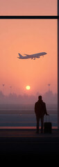 People looking at the view with airplane in the sky at the terminal in the airport.