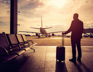 People looking at the view with airplane in the sky at the terminal in the airport.