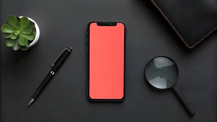 Workspace flat lay with smartphone mockup, pen, succulent, magnifier and wallet on black background