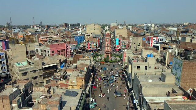 Faisalabad, Pakistan - 01 April 2025: Aerial view of bustling downtown markets, Pakistan.