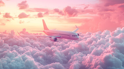 3D airplane flying through colorful clouds with sunset backdrop creates whimsical travel theme