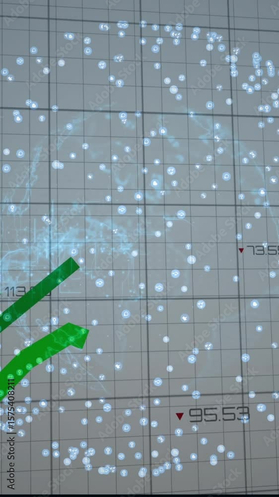 Poster animating green checkmarks and data points over grid background