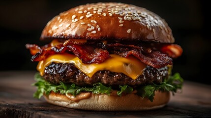 A mouthwate cheeseburger featu a juicy beef patty, crispy bacon, melted cheddar cheese, and fresh lettuce served on a toasted sesame seed bun on wood table.