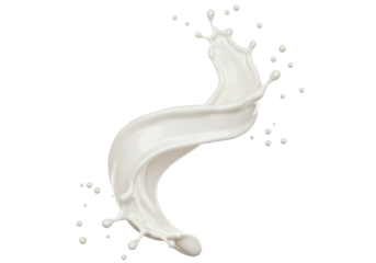 A dynamic white liquid splash, resembling milk or creamy yogurt, captured mid-air in an elegant S-shaped spiral with distinct droplets, isolated on a pristine transparent background with expansive