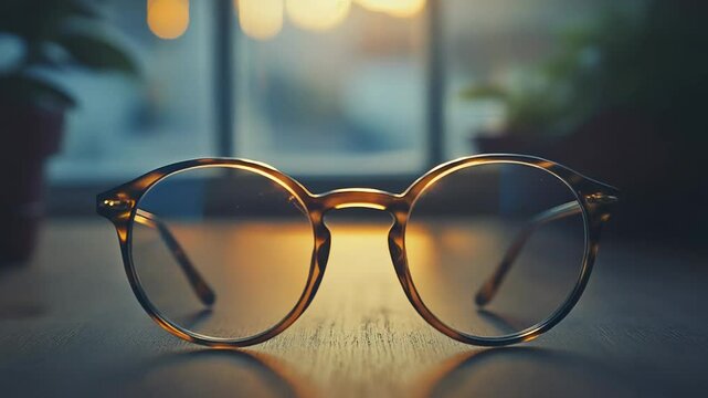Eyeglasses resting on table with bokeh background at sunset