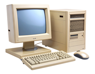 Classic beige personal computer system with CRT monitor, desktop tower, wired keyboar