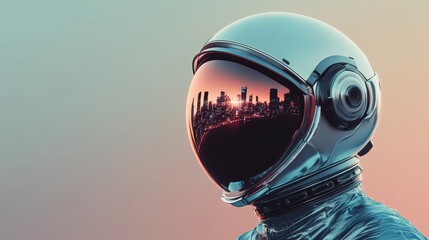 Astronaut helmet with reflects cityscape sunset; space travel concept.