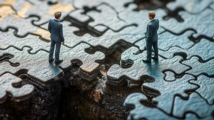 Solve Puzzle Pieces With Miniature Business Figures for Find Solution