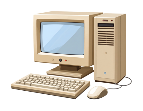 Classic beige personal computer system with CRT monitor, desktop tower, wired keyboar