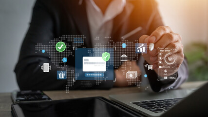 Secure online payment concept. Businessman verifying digital credit card transaction. Financial...