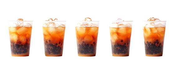 Pack Collection Refreshing Iced Brown Sugar Boba Tea Five Cups in a Row set against transparent background