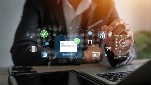 Secure online payment concept. Businessman verifying digital credit card transaction. Financial security. Encryption. - Powered by Adobe