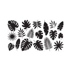 Collection of black silhouette tropical leaves and plants on a white background