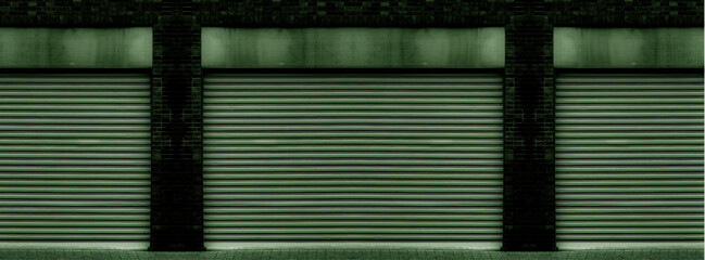 Closed steel shutter door of warehouse, storage or storefront for dark green metal door template...
