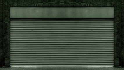 Closed steel shutter door of warehouse, storage or storefront for dark green metal door background...