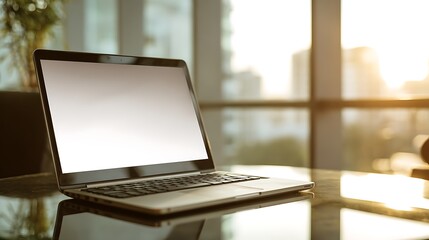 Open laptop with blank screen placed on modern glass table under natural sunlight, showcasing minimal workspace and clean digital technology concept