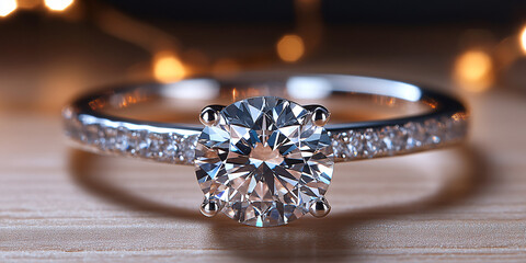 a diamond ring on a wooden table