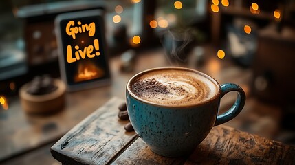 Cozy coffee cup alongside smartphone displaying going live image concept