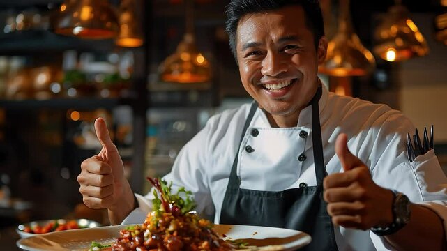 Asian Chef Smiles and Shows Delicious Cuisine
