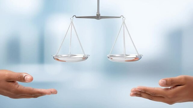 Ethical balance scale hand justice fairness equality law legal decision comparison measurement symbol weight silver two open palm promoting trust professional environment