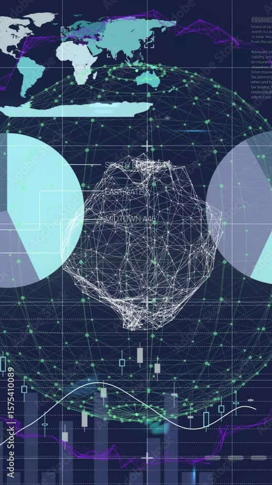 Poster animation of digital globe with data charts illustrating global analytics processing