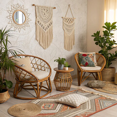 “A cozy bohemian living room corner styled by Abode, with rattan chairs, macramé wall hangings, layered rugs, green indoor plants, and soft ambient lighting — editorial style, high-resolution.”


