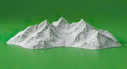 Detailed model of snowy mountain range against a vibrant green background with sharp peaks and intricate texture