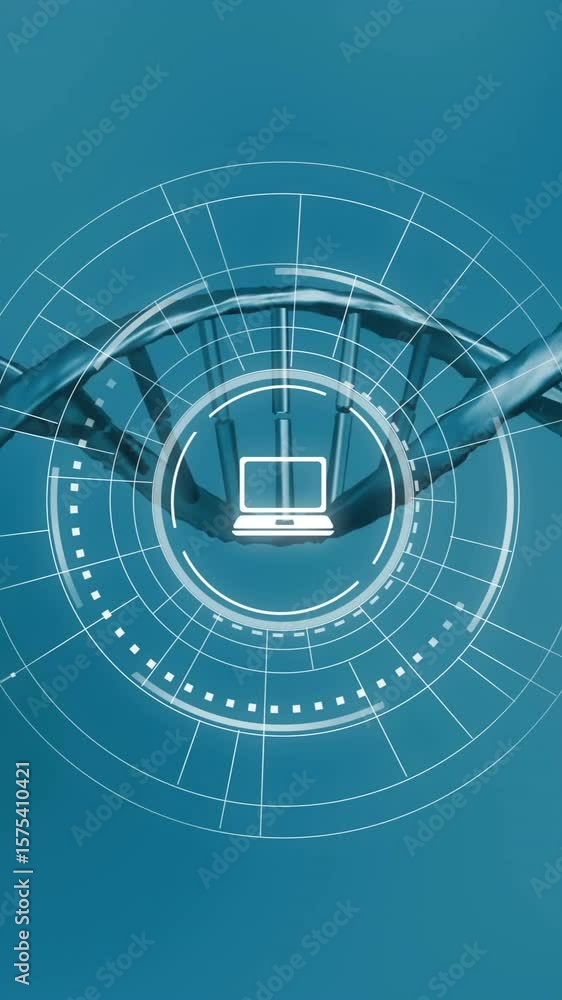 Poster animation showing dna strands with digital icons connecting in futuristic technology