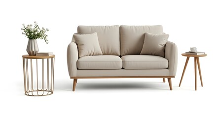 Beige Modern Sofa and Side Tables on White Background Minimalist Interior Decor
