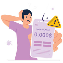 Cyber Crime Illustration. Vector illustration of A man reacts in shock to an empty balance caused by a phishing scam on his mobile banking app. Isolated on background