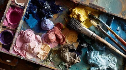 Top view of artist’s palette with bold brushstrokes, mixed colors, and paint-covered tools, emphasizing creative freedom, passion, and visual expression