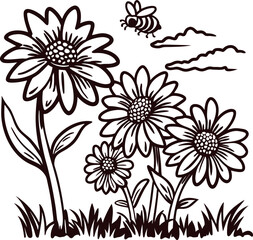 Hand drawn blooming daisies and bee in garden with clouds, vintage botanical black outline illustration