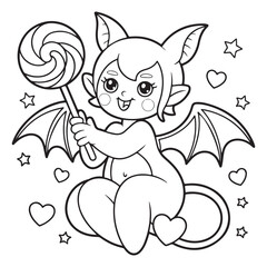 Cartoon devil girl with lollipop coloring page illustration