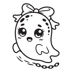 Cute ghost with bow and chain in black and white outline