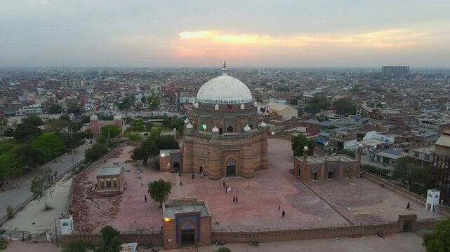 Aerial view of historic temple at sunset, Pakistan.